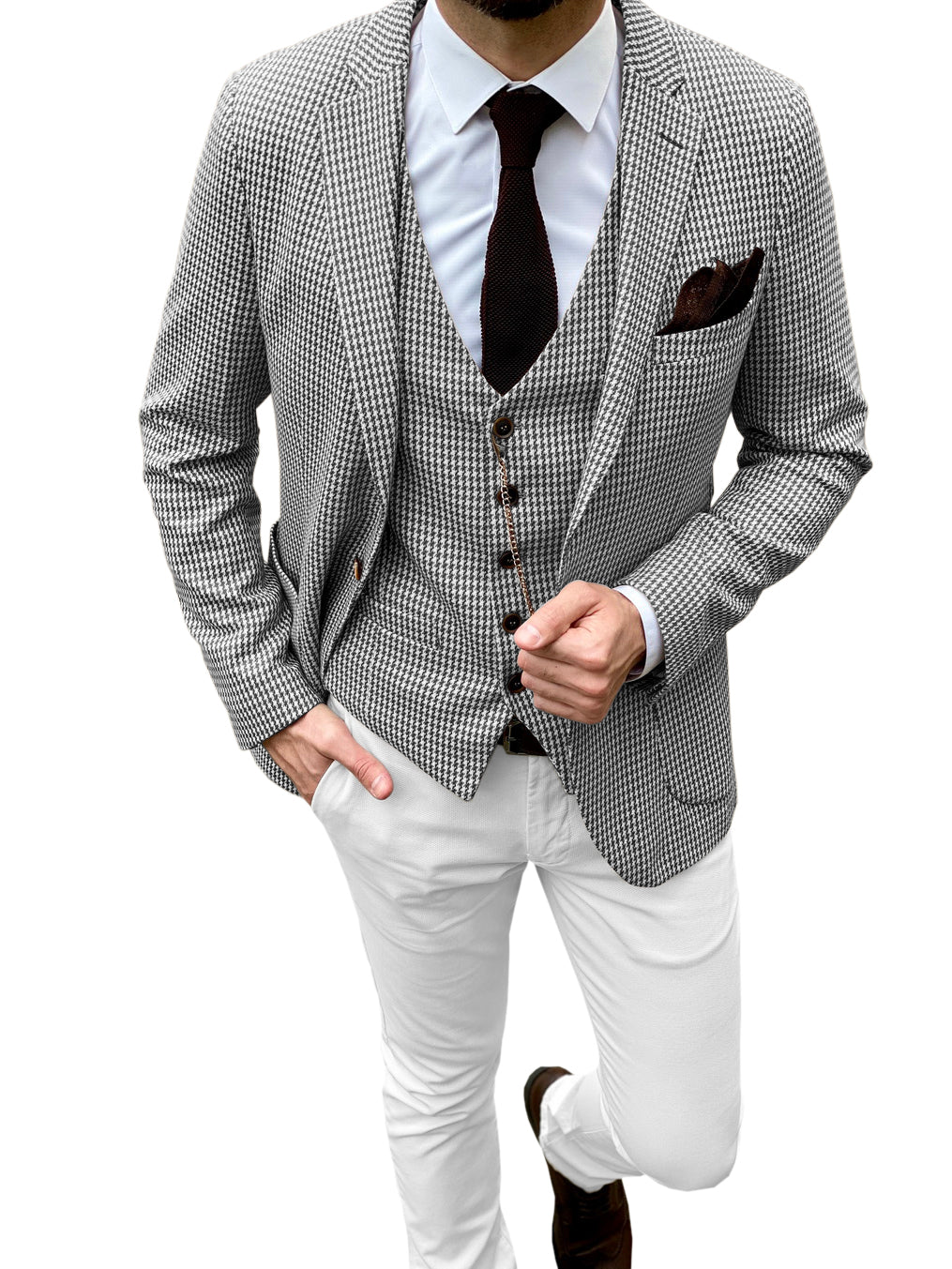 Fashion Men's 3 Pieces Houndstooth Notch Lapel Tuxedos (Blazer+vest+Pants) mens event wear