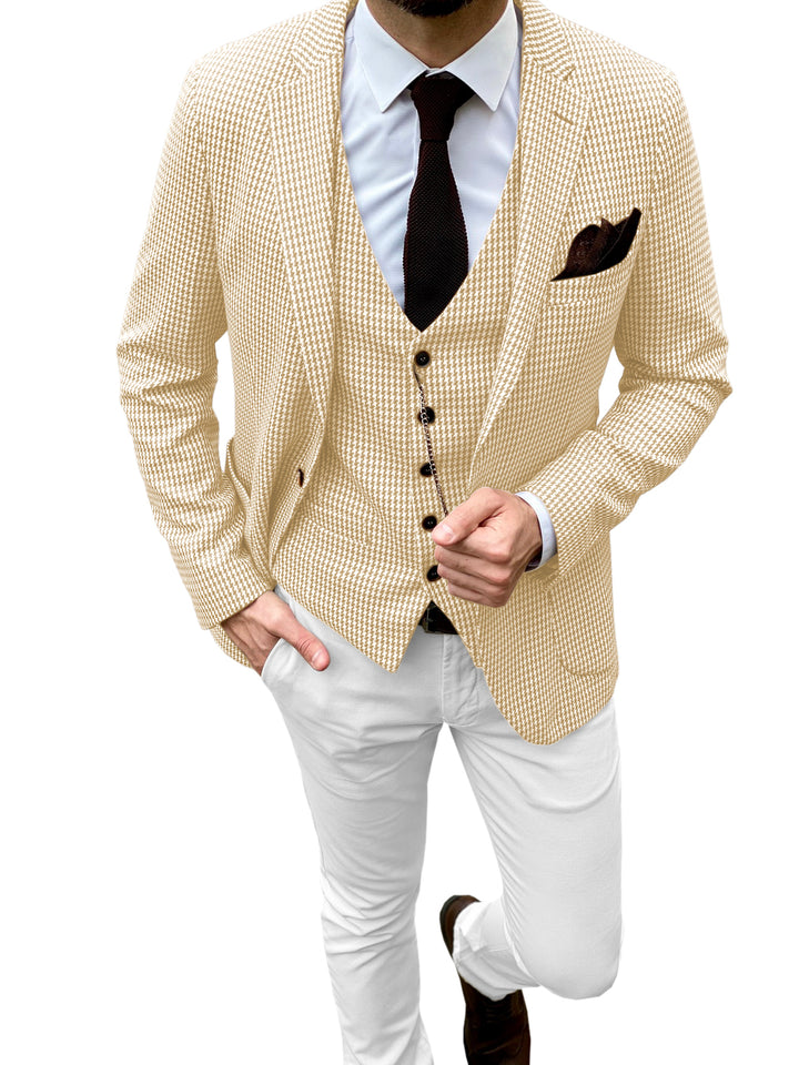 Fashion Men's 3 Pieces Houndstooth Notch Lapel Tuxedos (Blazer+vest+Pants) mens event wear