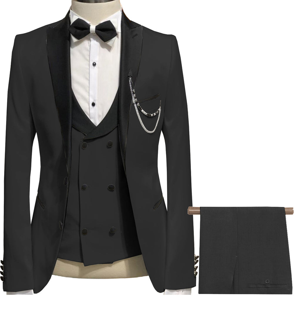 Formal Men's 3 Piece Men's Suit Solid Color Flat Peak Lapel Tuxedo (Blazer + Vest + Pants) mens event wear