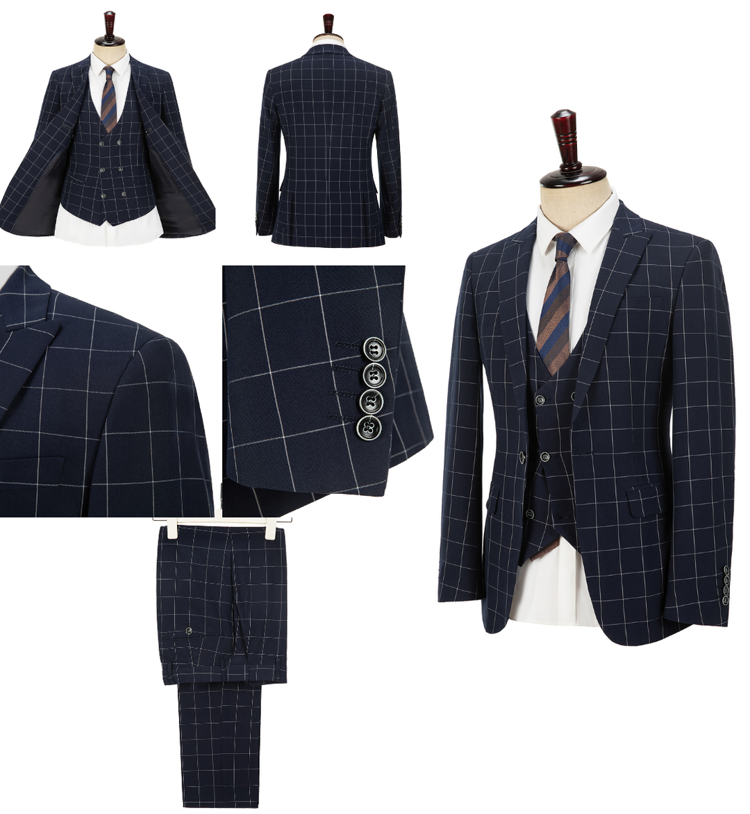 Formal Mens Suit 3 Pieces Business Plaid Solid Peak Lapel Tuxedos (Blazer+Vest+Pants) Adam Reed