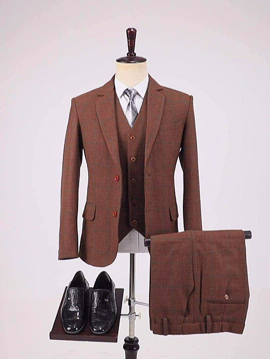 Negocio para hombres 3 piezas Traje formal de solapa de muesca de tweed a cuadros burdeos (chaleco+chaleco+pantalones)