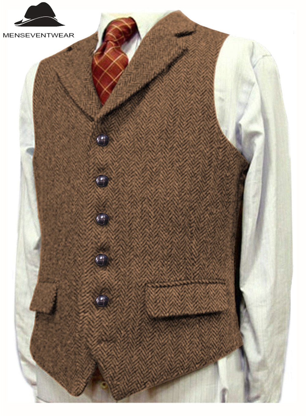 Casual Men's Classic Tweed Herringbone Notch Lapel Waistcoat menseventwear