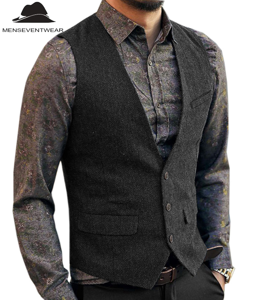 Casual Men's Slim Fit Herringbone V Neck Waistcoat menseventwear