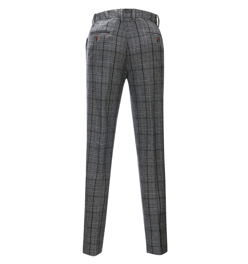 Casual Men's Suit Pants Dark Grey Plaid Pleat-Front Trousers menseventwear