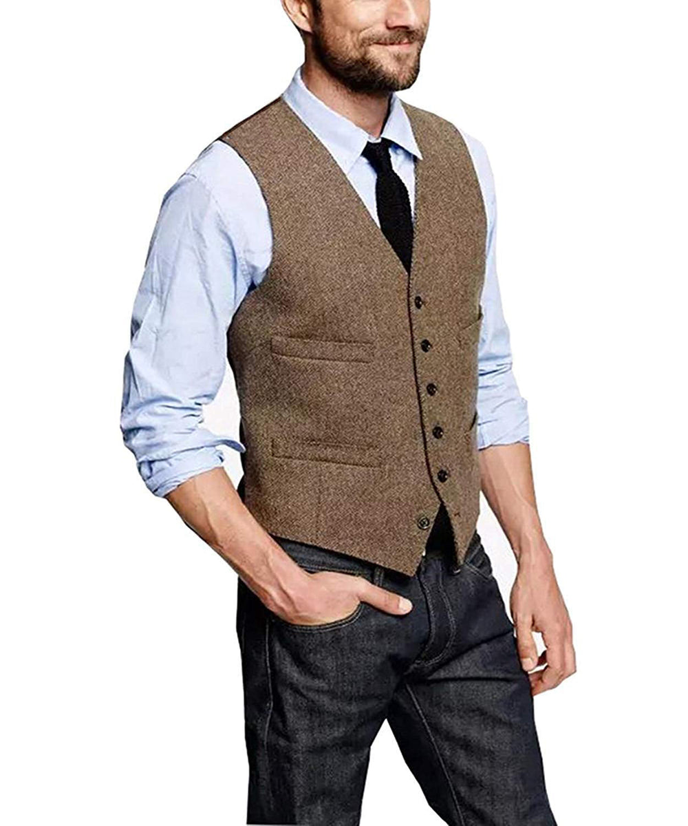 Casual Mens Classic Slim Fit Tweed Herringbone V Neck  Waistcoat menseventwear