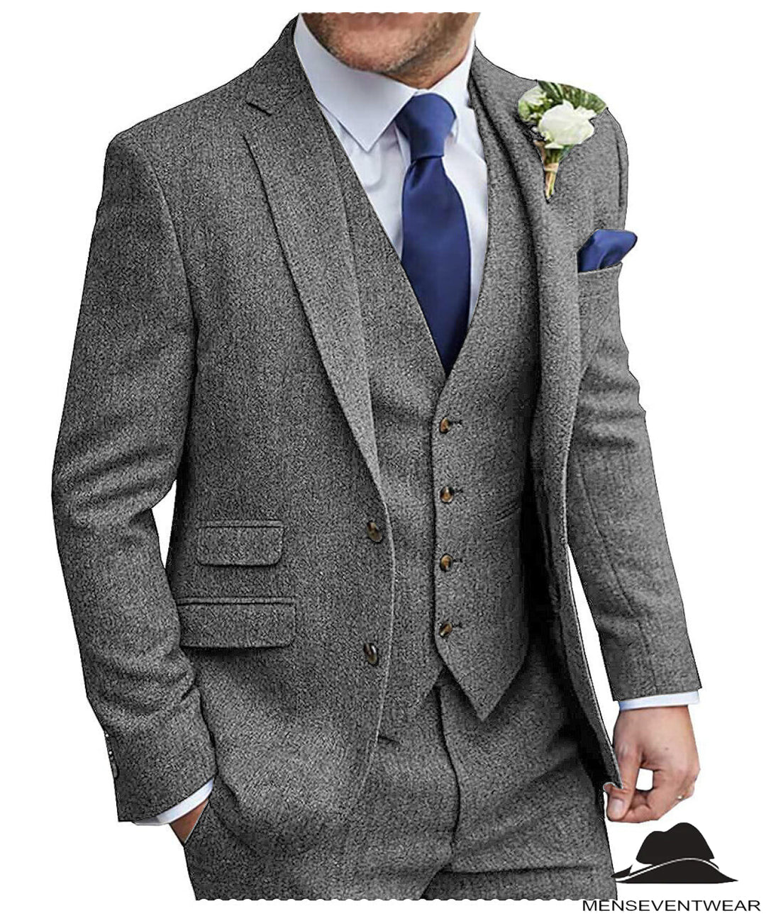 Classic 3 Pieces Mens Suit Herringbone Tweed Notch Lapel Tuxedos for Wedding (Blazer+vest+Pants) mens event wear