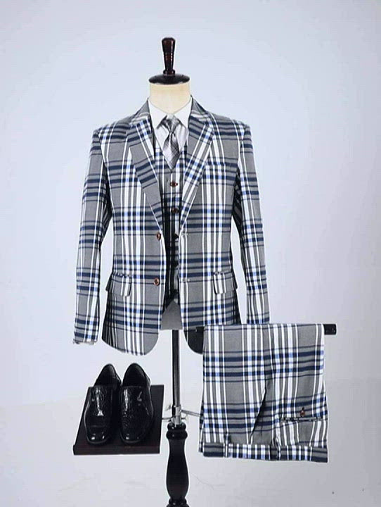 Business pour hommes 3 pièces Formal Grey Plaid Notch Abel Suit (Blazer + Vest + Pantalon)