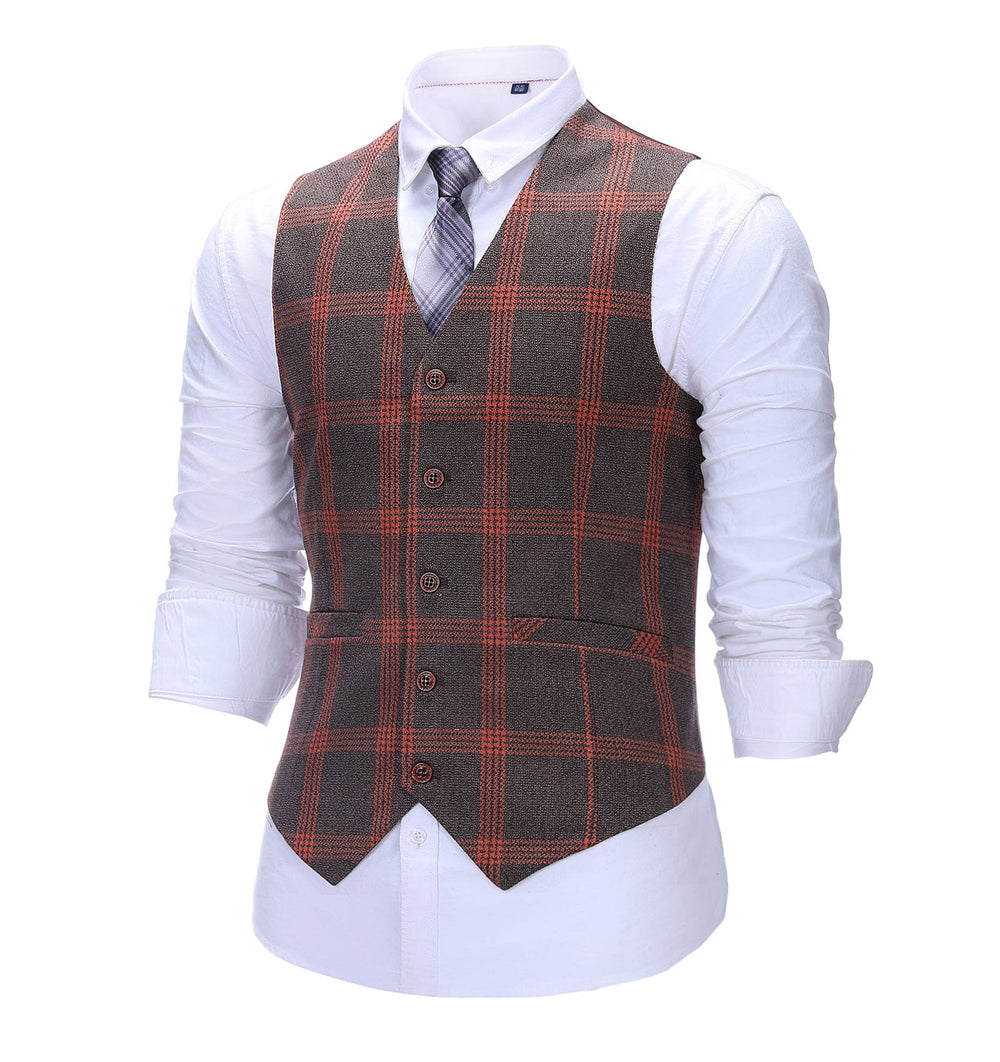 Formal Men's Suit Vest Burgundy Plaid V Neck Waistcoat mens event wear