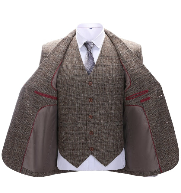 Men's Business 3 Pieces Formal Brown Tweed Notch Lapel Suit (Blazer+vest+Pants) Adam Reed