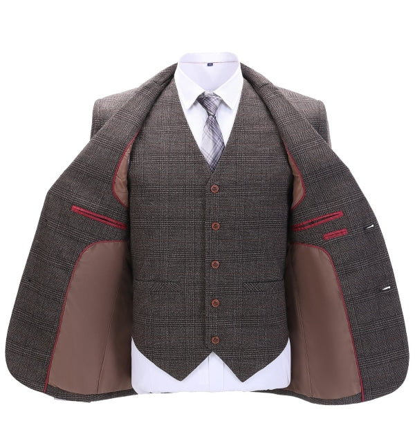 Men's Business 3 Pieces Formal Coffee Plaid Notch Lapel Suit (Blazer+vest+Pants) Adam Reed