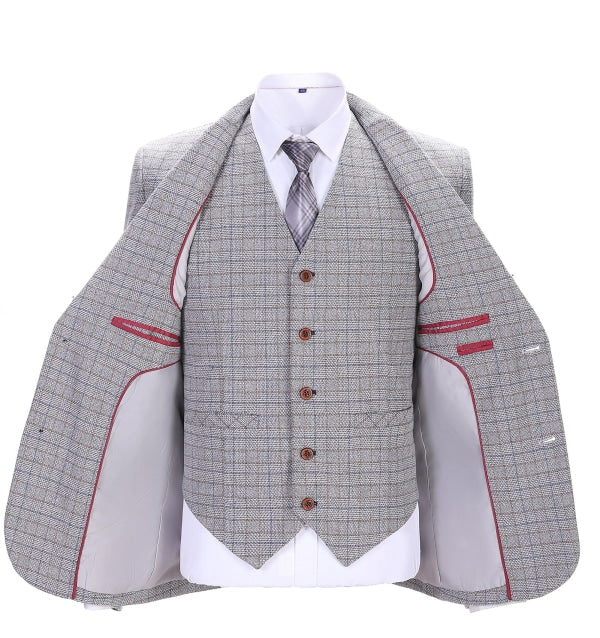 Men's Business 3 Pieces Formal White Plaid Solid Notch Lapel Suit (Blazer+vest+Pants) Adam Reed