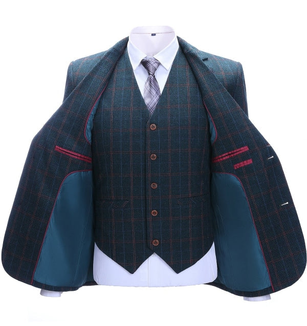 Men's Business 3 Pieces Mens Suit Navy Plaid Notch Lapel Suit (Blazer+vest+Pants) Adam Reed