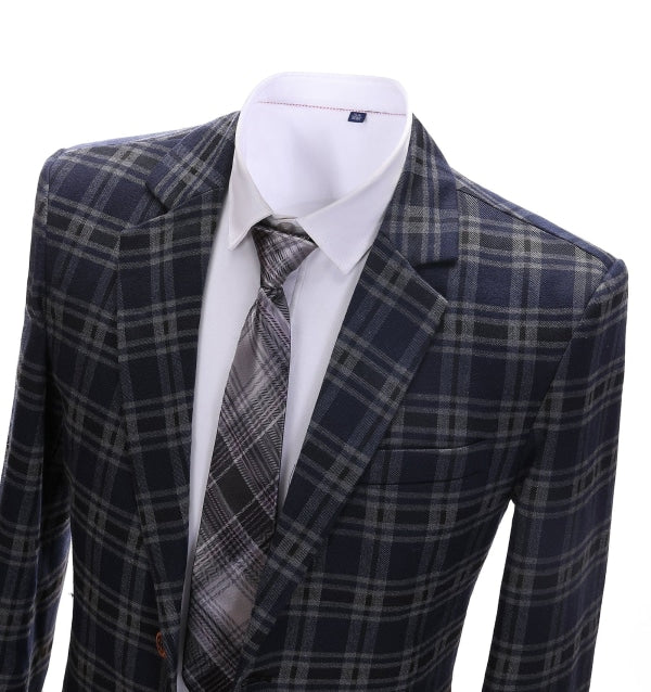 Men's Formal Plaid Navy Notch Lapel Blazer mens event wear