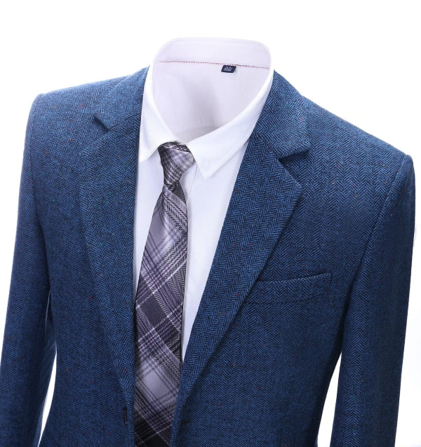 Men's Formal Royal Blue Herringbone Notch Lapel Blazer Business Tweed Jacket mens event wear